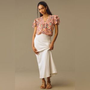 Anthropologie Maeve Short-Sleeve Ruffle Yoke Blouse in Orange Pattern M NWOT